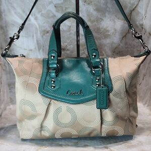 Coach Ashley Op Art Patent Leather Canvas Satchel Bag Green Taupe
